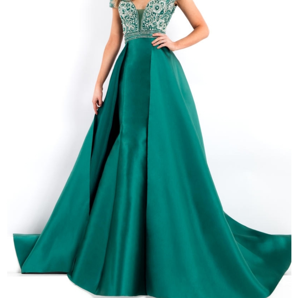 Rachel Allan Teal Green Embellished V-Neck Ball Gown